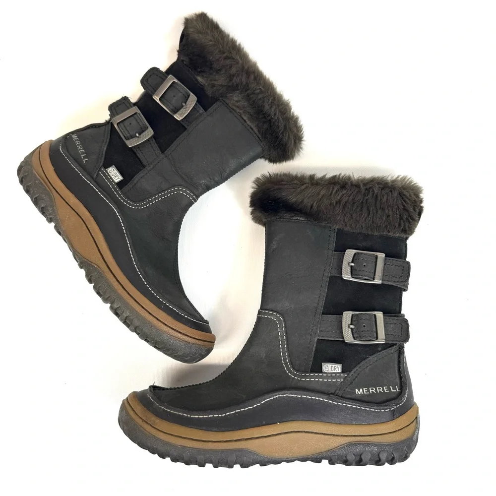 Merrell Decora Chant Waterproof Leather Winter Boots - black w fur - Sz 6 - Picture 17 of 17